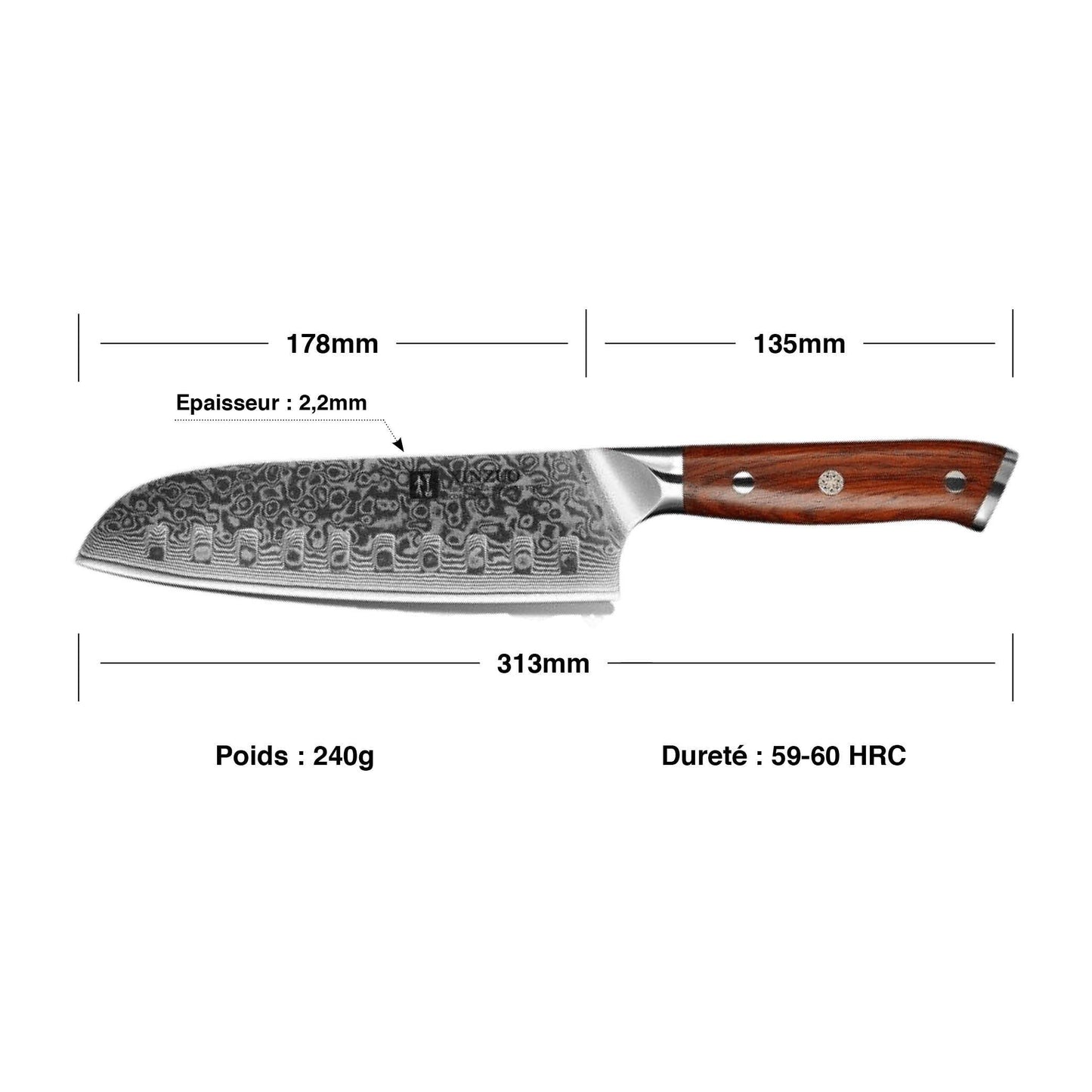 Couteau Damas Santoku Manche Bois | KietsuJapan