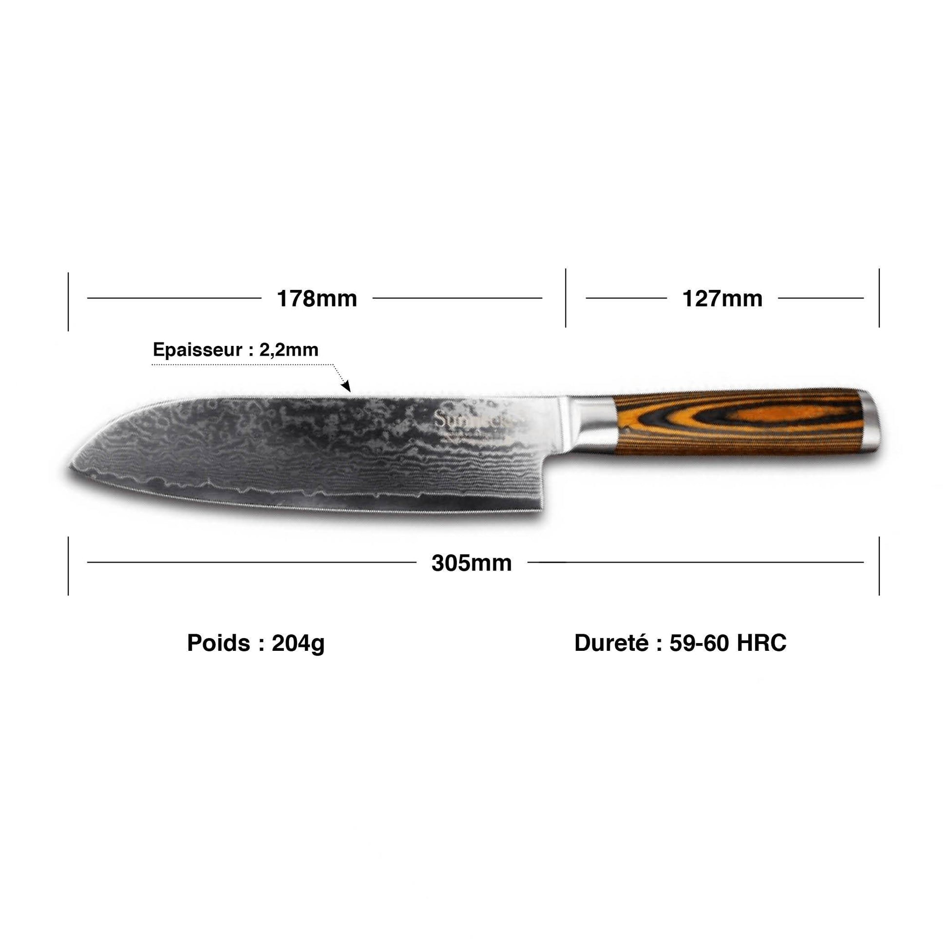 Couteau Damas Santoku Manche Pakka Brun Noir | KietsuJapan